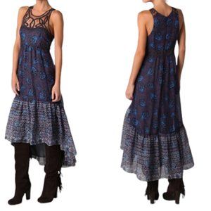 Free People Native Rose Crochet Floral Maxi Dress Blue Hi Low Hem Chiffon Sz 0